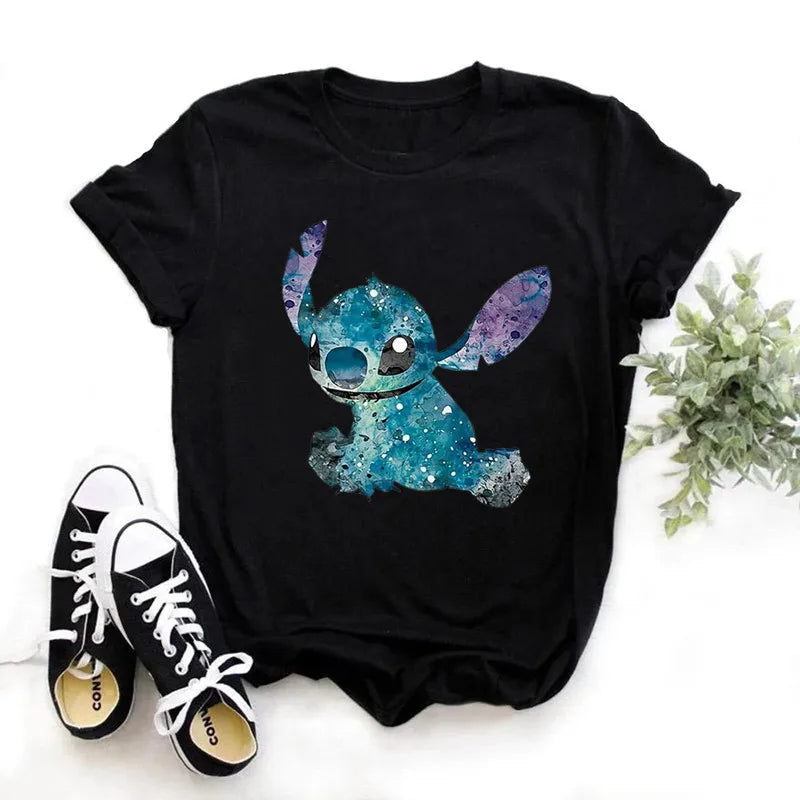 IMIEMIE Disney Lilo Stitch Cartoon T-shirts Tops for Women Lady S-3XL Summer Female T-shirts Black O-neck Ohana Stitch Hot Tees T-shirts