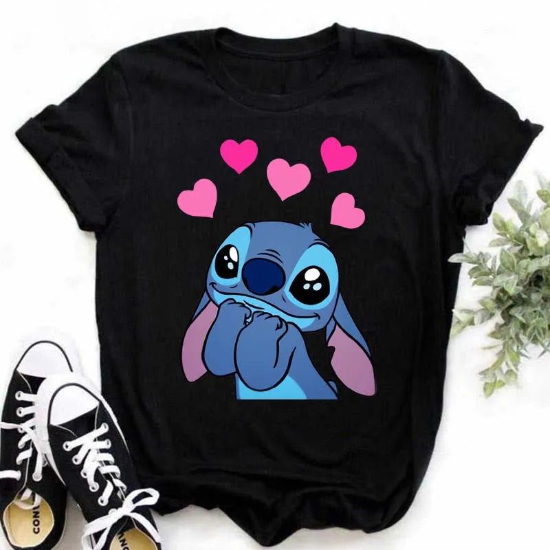 IMIEMIE Disney Lilo Stitch Cartoon T-shirts Tops for Women Lady S-3XL Summer Female T-shirts Black O-neck Ohana Stitch Hot Tees T-shirts