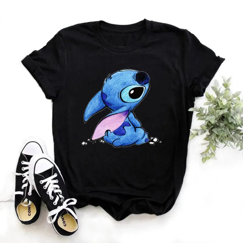 IMIEMIE Disney Lilo Stitch Cartoon T-shirts Tops for Women Lady S-3XL Summer Female T-shirts Black O-neck Ohana Stitch Hot Tees T-shirts