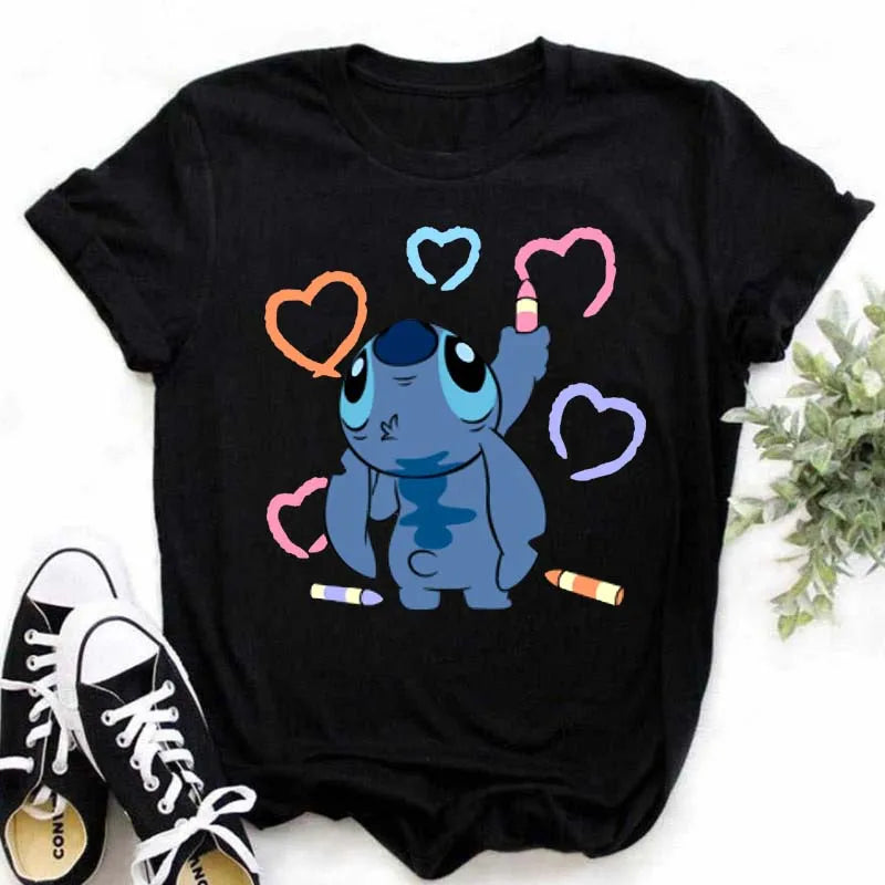 IMIEMIE Disney Lilo Stitch Cartoon T-shirts Tops for Women Lady S-3XL Summer Female T-shirts Black O-neck Ohana Stitch Hot Tees T-shirts