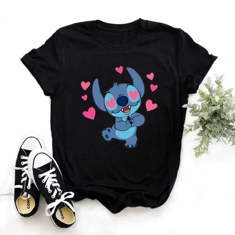 IMIEMIE Disney Lilo Stitch Cartoon T-shirts Tops for Women Lady S-3XL Summer Female T-shirts Black O-neck Ohana Stitch Hot Tees T-shirts