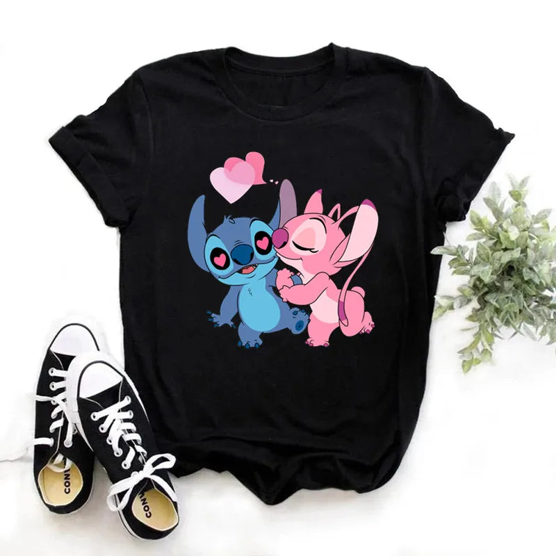 IMIEMIE Disney Lilo Stitch Cartoon T-shirts Tops for Women Lady S-3XL Summer Female T-shirts Black O-neck Ohana Stitch Hot Tees T-shirts