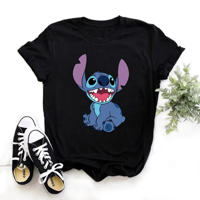 IMIEMIE Disney Lilo Stitch Cartoon T-shirts Tops for Women Lady S-3XL Summer Female T-shirts Black O-neck Ohana Stitch Hot Tees T-shirts