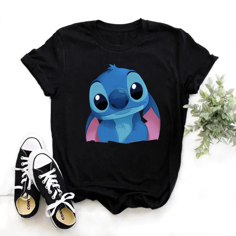 IMIEMIE Disney Lilo Stitch Cartoon T-shirts Tops for Women Lady S-3XL Summer Female T-shirts Black O-neck Ohana Stitch Hot Tees T-shirts