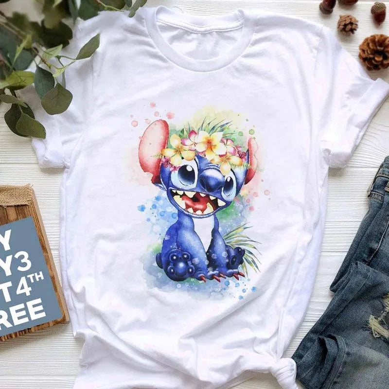 IMIEMIE Disney Lilo Stitch Cartoon T-shirts Tops for Women Lady S-3XL Summer Female T-shirts Black O-neck Ohana Stitch Hot Tees T-shirts