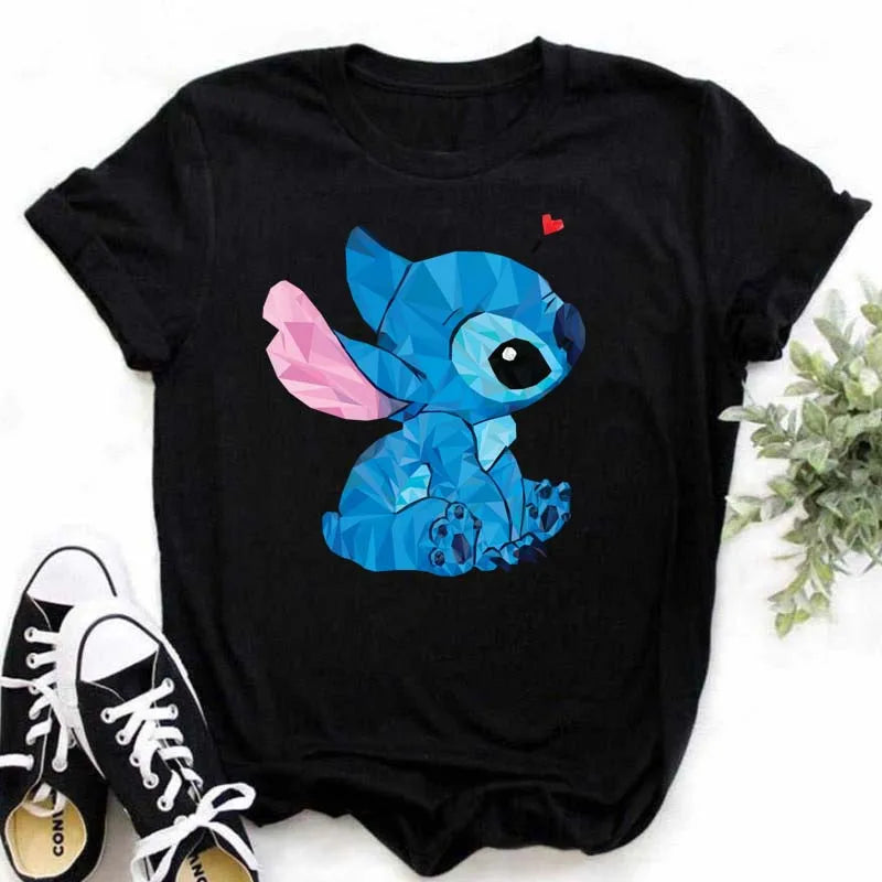 IMIEMIE Disney Lilo Stitch Cartoon T-shirts Tops for Women Lady S-3XL Summer Female T-shirts Black O-neck Ohana Stitch Hot Tees T-shirts