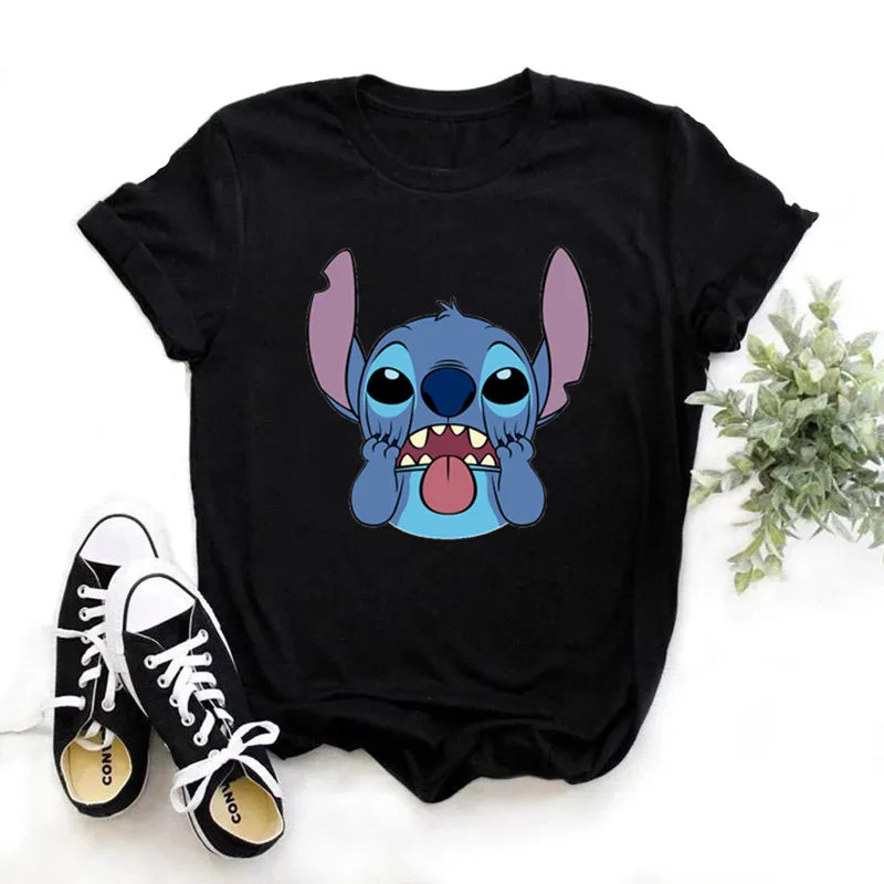 IMIEMIE Disney Lilo Stitch Cartoon T-shirts Tops for Women Lady S-3XL Summer Female T-shirts Black O-neck Ohana Stitch Hot Tees T-shirts