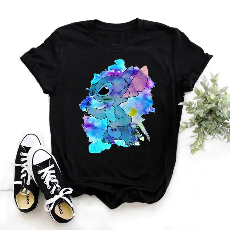 IMIEMIE Disney Lilo Stitch Cartoon T-shirts Tops for Women Lady S-3XL Summer Female T-shirts Black O-neck Ohana Stitch Hot Tees T-shirts