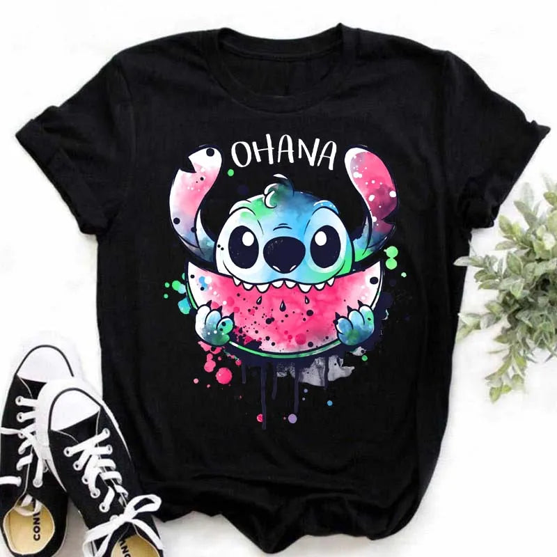 IMIEMIE Disney Lilo Stitch Cartoon T-shirts Tops for Women Lady S-3XL Summer Female T-shirts Black O-neck Ohana Stitch Hot Tees T-shirts