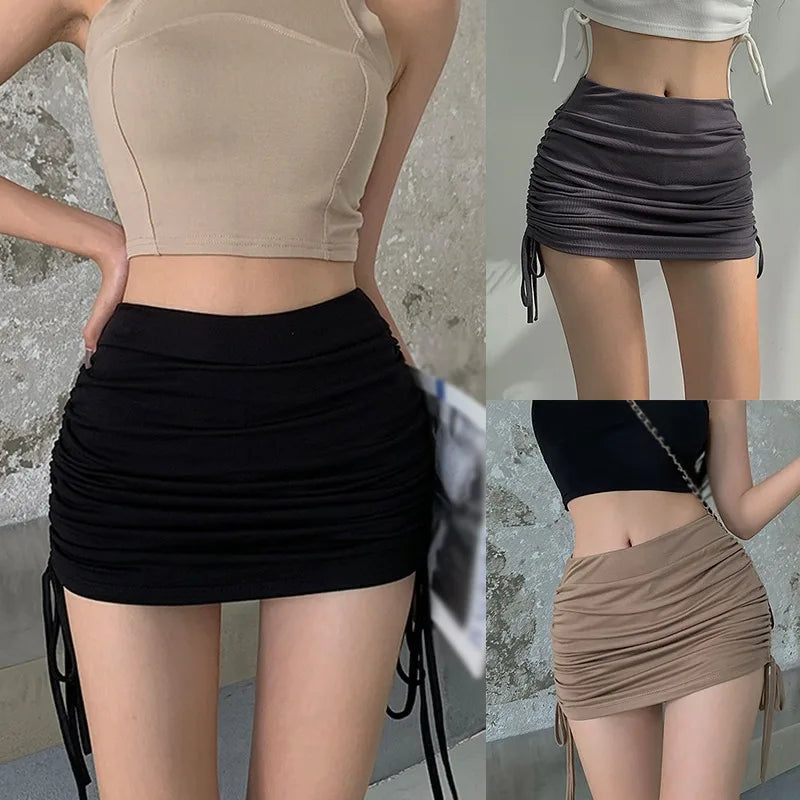 IMIEMIE Drawstring Skirt Women's High Waist Slim Design Feel Wrapped Hip Skirt Short Skirt