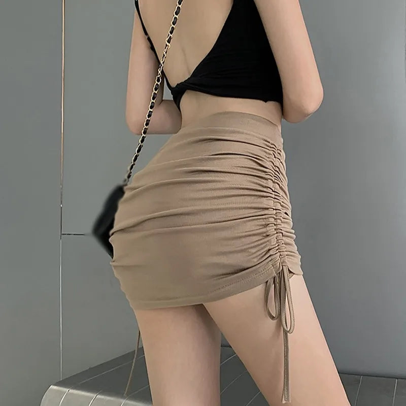 IMIEMIE Drawstring Skirt Women's High Waist Slim Design Feel Wrapped Hip Skirt Short Skirt