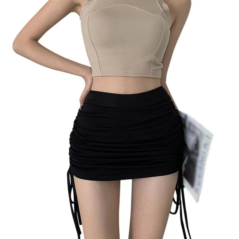 IMIEMIE Drawstring Skirt Women's High Waist Slim Design Feel Wrapped Hip Skirt Short Skirt