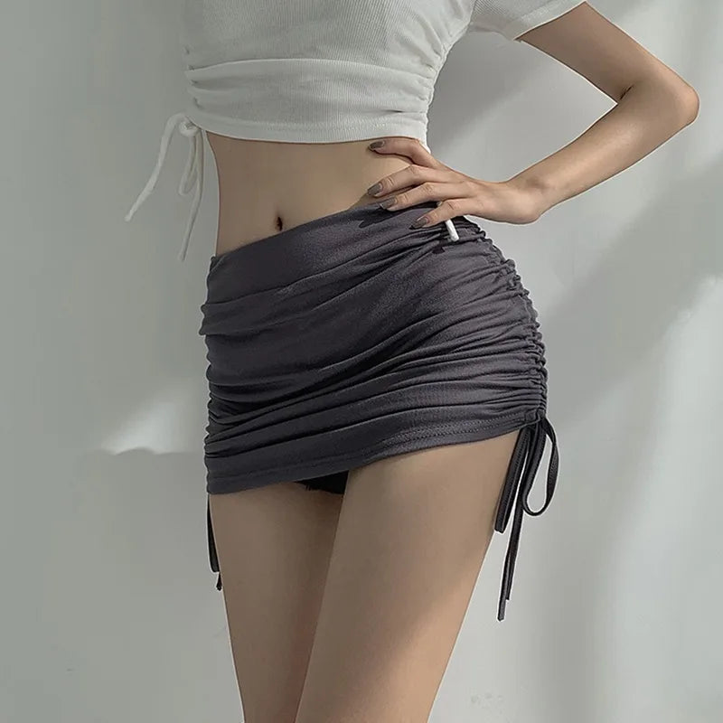 IMIEMIE Drawstring Skirt Women's High Waist Slim Design Feel Wrapped Hip Skirt Short Skirt