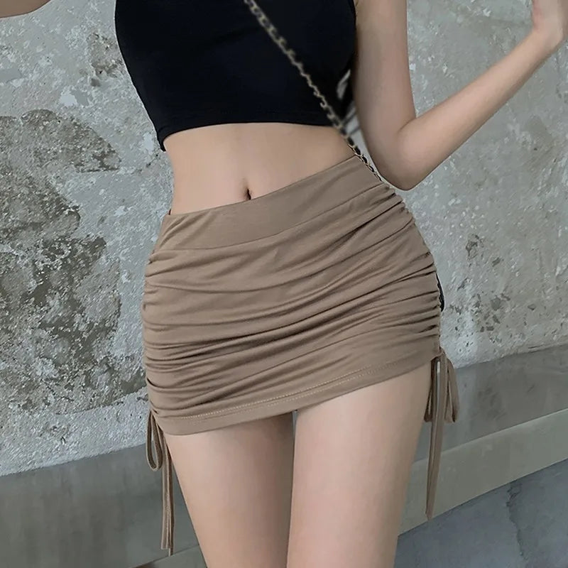 IMIEMIE Drawstring Skirt Women's High Waist Slim Design Feel Wrapped Hip Skirt Short Skirt