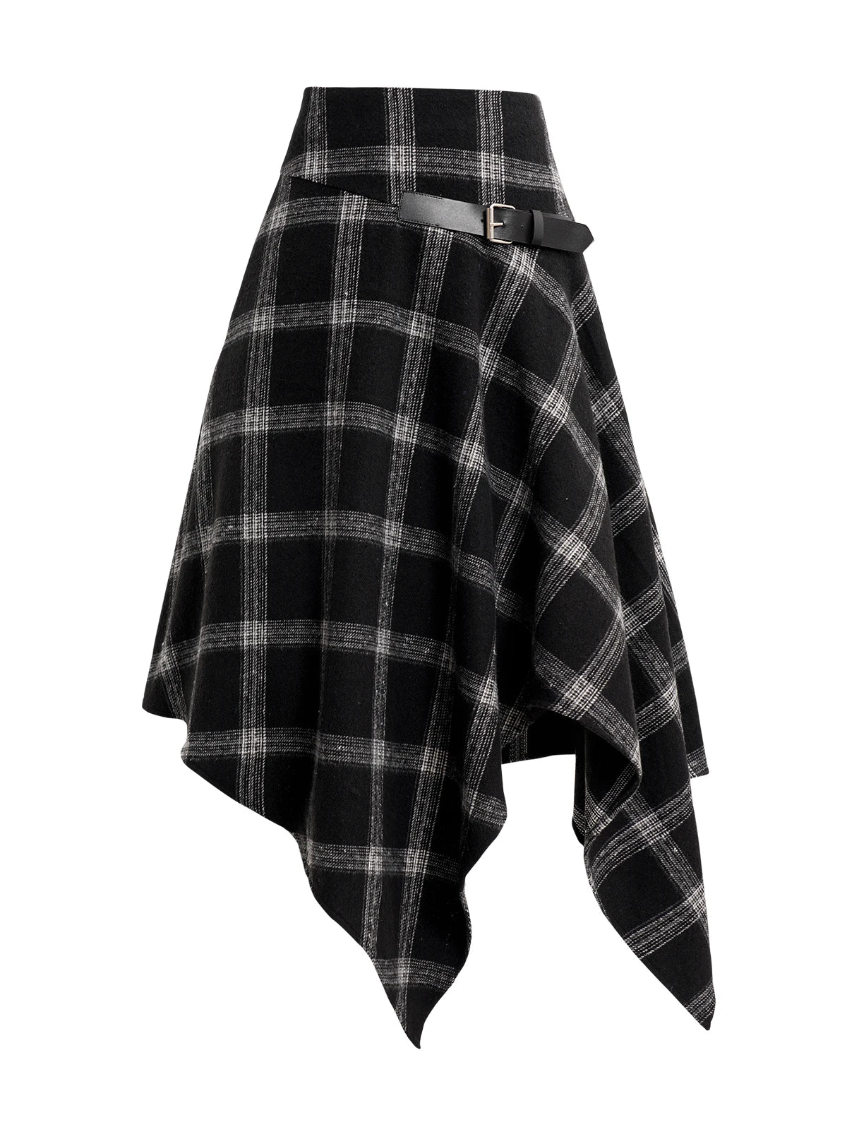 IMIEMIE Dressfo Womens Asymmetic Hem Plaid Skirt Buckle Strap Detail Casual Midi A Line Dress Black Skirts 2024 New