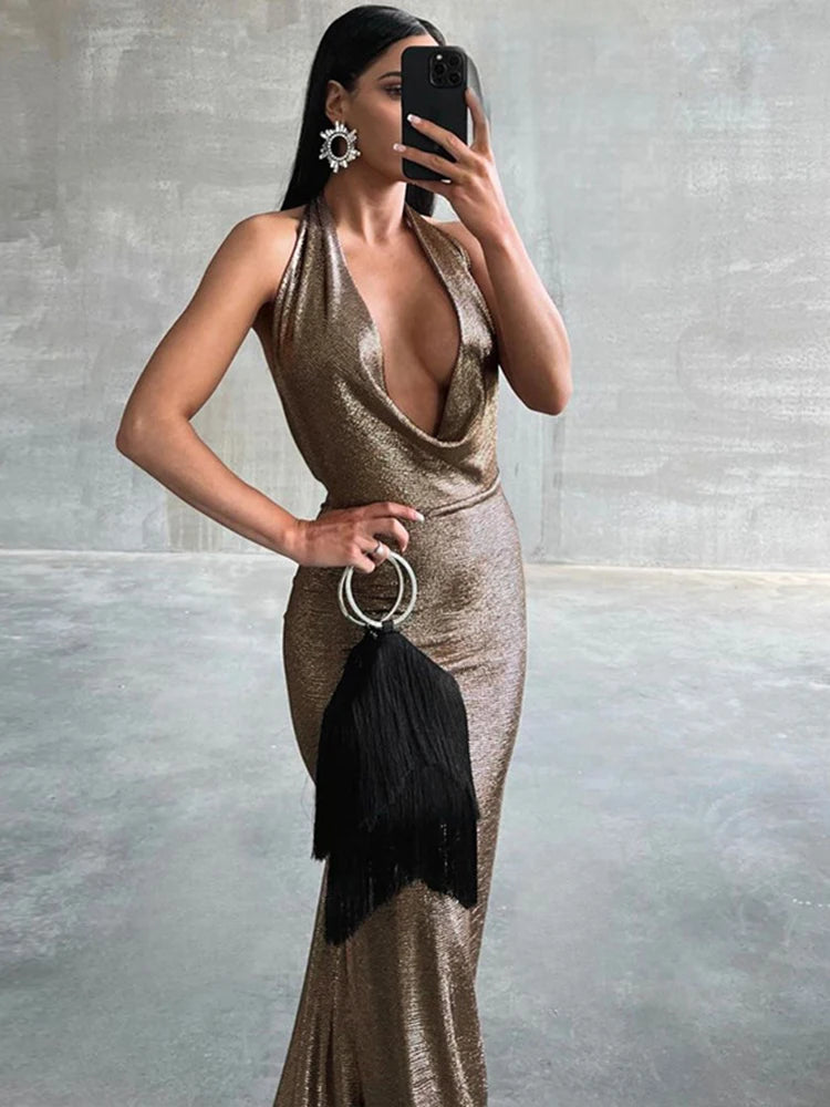 IMIEMIE Dulzura Bling Glitter Women Halter Maxi Dress V Neck Backless Long Dress Party Evening Birthday Clothes Elegant Prom Outfit