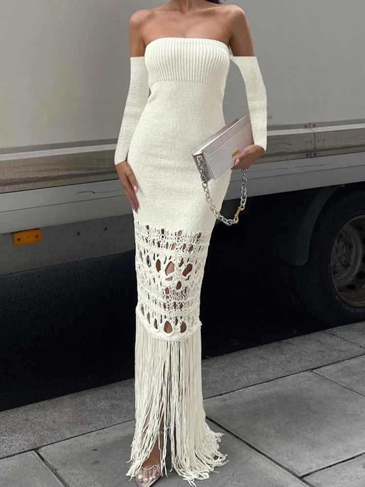 IMIEMIE Dulzura Long Sleeve Off Shoulder Knitted Tassel Midi Dress For Women Bodycon Sexy Hollow Out Long Dress Streetwear Party Elegant