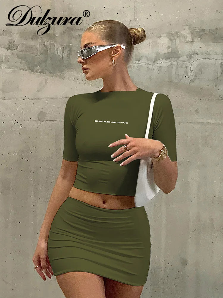 IMIEMIE Dulzura Sexy Y2K Clothes 2 Piece Sets Letter Print Short Sleeve T Shirts High Waist Bodycon Mini Skirts Matching Outfits Sporty