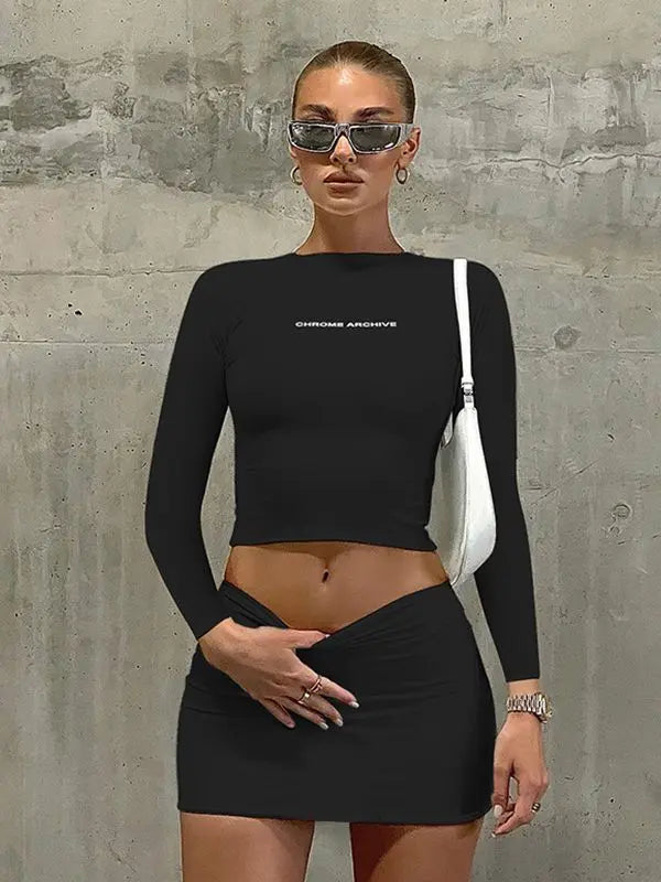 IMIEMIE Dulzura Sexy Y2K Clothes 2 Piece Sets Letter Print Short Sleeve T Shirts High Waist Bodycon Mini Skirts Matching Outfits Sporty