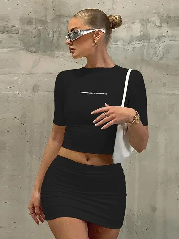 IMIEMIE Dulzura Sexy Y2K Clothes 2 Piece Sets Letter Print Short Sleeve T Shirts High Waist Bodycon Mini Skirts Matching Outfits Sporty