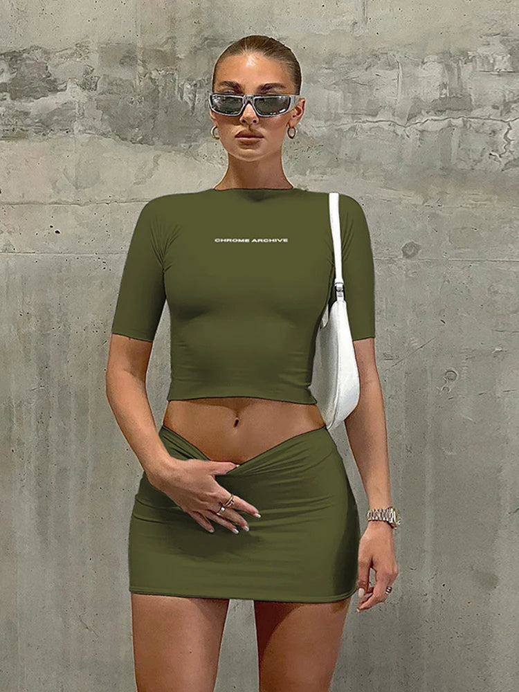 IMIEMIE Dulzura Sexy Y2K Clothes 2 Piece Sets Letter Print Short Sleeve T Shirts High Waist Bodycon Mini Skirts Matching Outfits Sporty