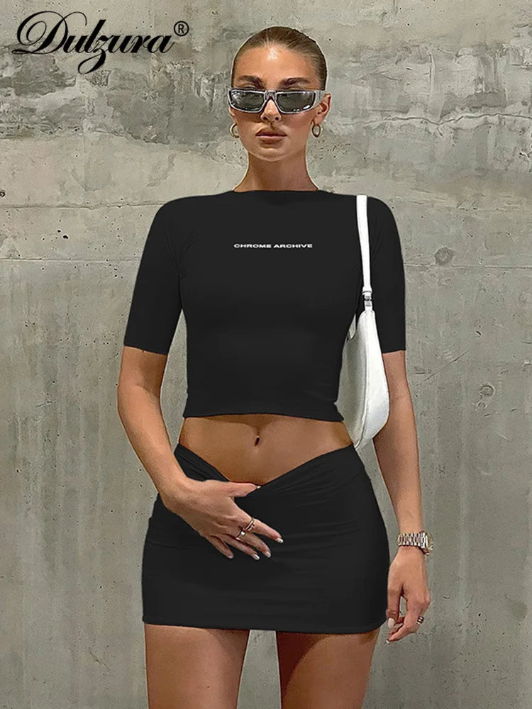 IMIEMIE Dulzura Sexy Y2K Clothes 2 Piece Sets Letter Print Short Sleeve T Shirts High Waist Bodycon Mini Skirts Matching Outfits Sporty