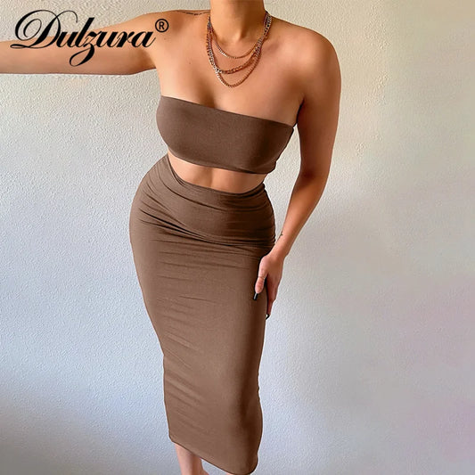 HAIPURUNDulzura Solid Women 2 Piece Set Tube Crop Top Midi Skirt Bodycon Sexy Streetwear Party Club Elegant Matching Co Ords 2024 Summer