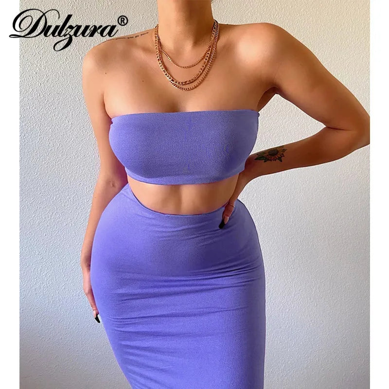 IMIEMIE Dulzura Solid Women 2 Piece Set Tube Crop Top Midi Skirt Bodycon Sexy Streetwear Party Club Elegant Matching Co Ords 2024 Summer