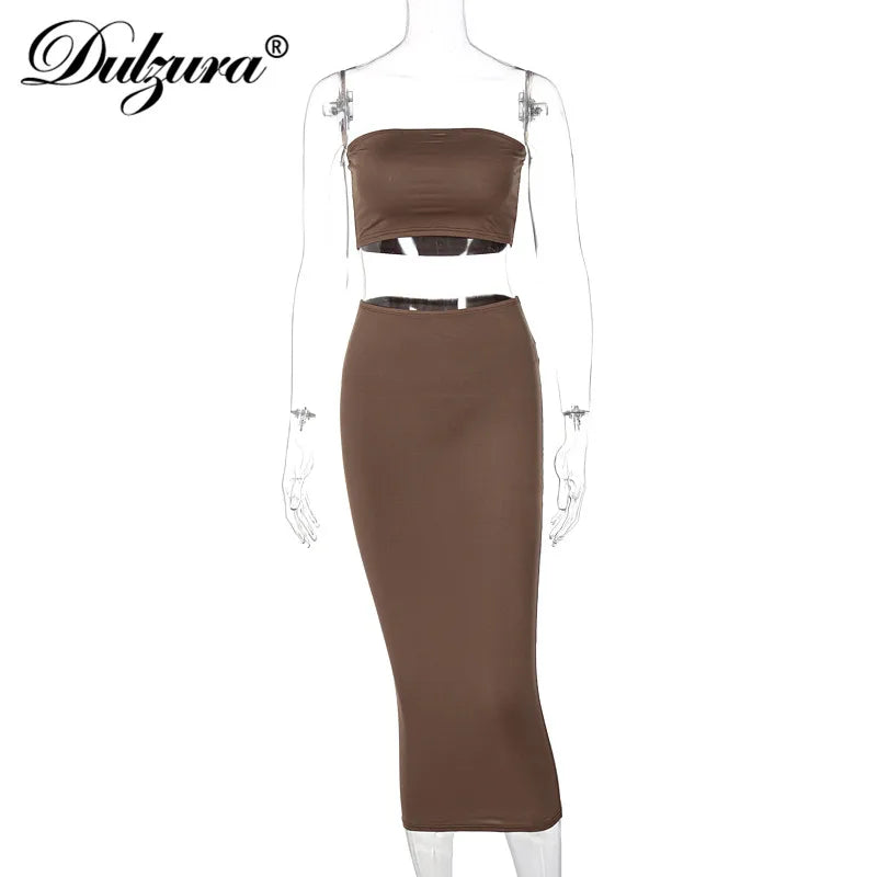 HAIPURUNDulzura Solid Women 2 Piece Set Tube Crop Top Midi Skirt Bodycon Sexy Streetwear Party Club Elegant Matching Co Ords 2024 Summer