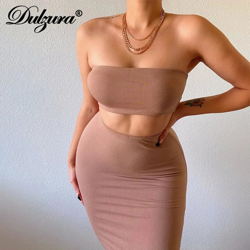 HAIPURUNDulzura Solid Women 2 Piece Set Tube Crop Top Midi Skirt Bodycon Sexy Streetwear Party Club Elegant Matching Co Ords 2024 Summer