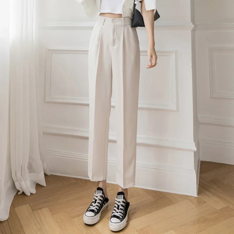 IMIEMIE Elastic High Waist Pants Women 2024 Spring Summer Casual Loose Solid Pencil Trouser Office Ladies Work Nine Points Suit Pant