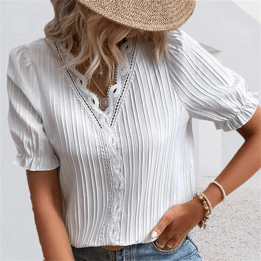 IMIEMIE Elegant Blouse Solid Shirt Lace 2024 Summer Fashion Lace Stitching Hollow Short Sleeve Pullover Top Office Lady Shirt Apparel