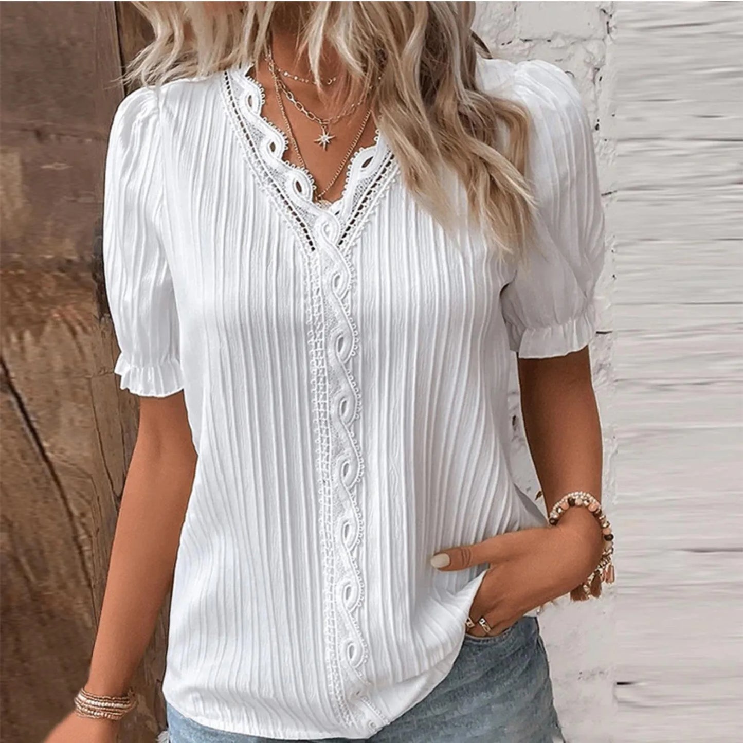 IMIEMIE Elegant Blouse Solid Shirt Lace 2024 Summer Fashion Lace Stitching Hollow Short Sleeve Pullover Top Office Lady Shirt Apparel