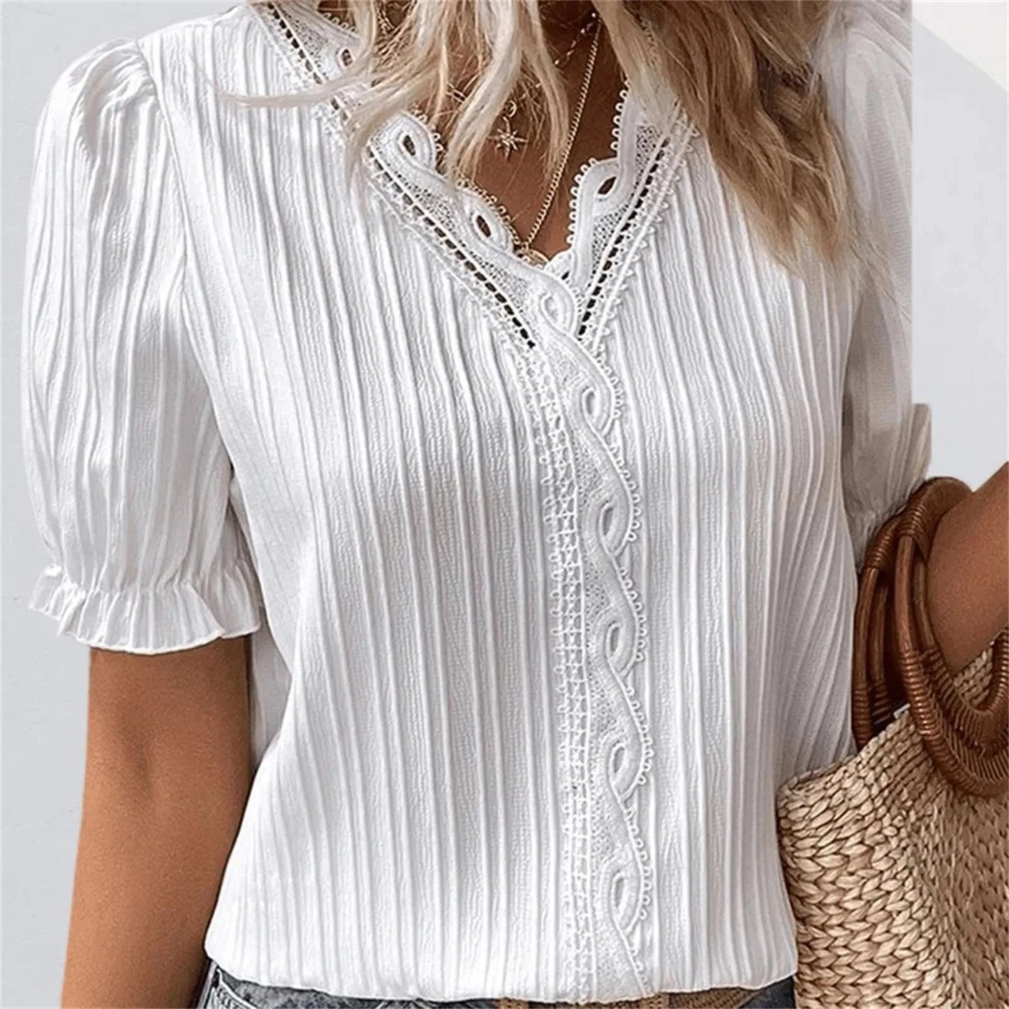 IMIEMIE Elegant Blouse Solid Shirt Lace 2024 Summer Fashion Lace Stitching Hollow Short Sleeve Pullover Top Office Lady Shirt Apparel