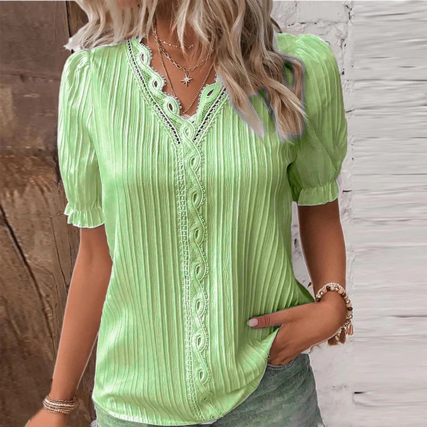 IMIEMIE Elegant Blouse Solid Shirt Lace 2024 Summer Fashion Lace Stitching Hollow Short Sleeve Pullover Top Office Lady Shirt Apparel