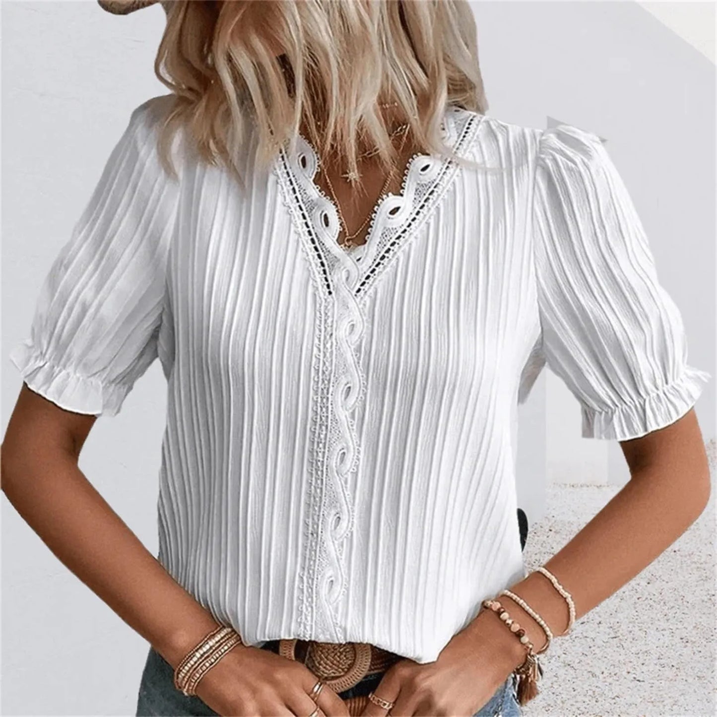 IMIEMIE Elegant Blouse Solid Shirt Lace 2024 Summer Fashion Lace Stitching Hollow Short Sleeve Pullover Top Office Lady Shirt Apparel