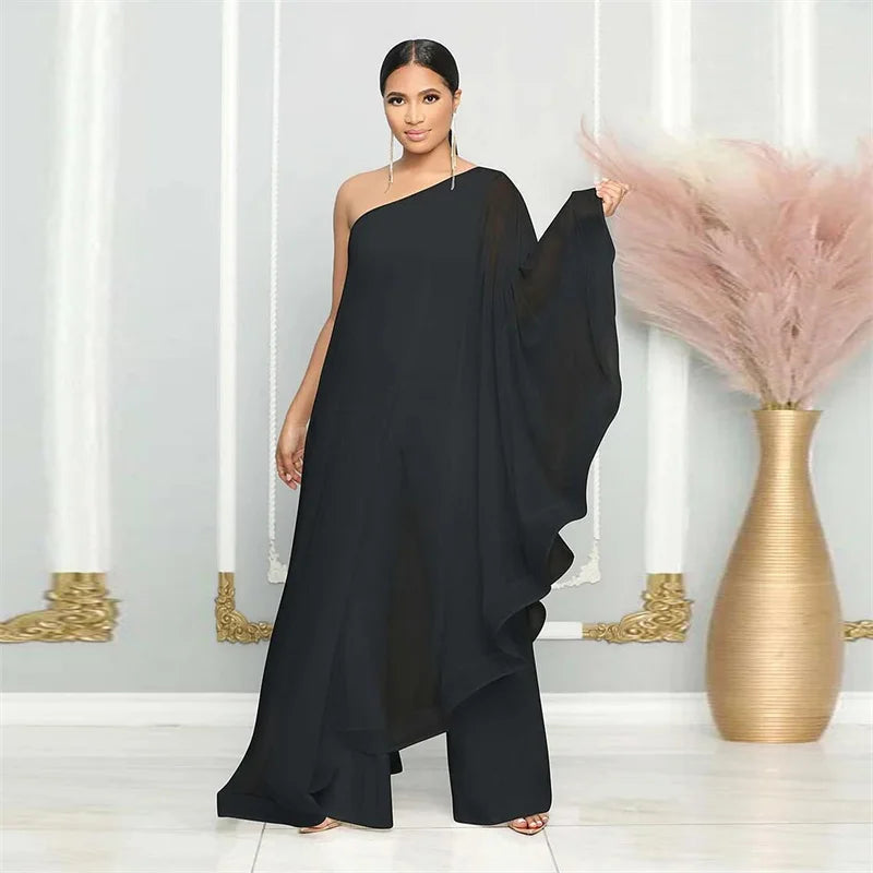 IMIEMIE Elegant Chiffon One Shoulder Wide Leg Jumpsuit Women Night Party Birthday Outfits One Piece Romper Overalls Combinaison Femme