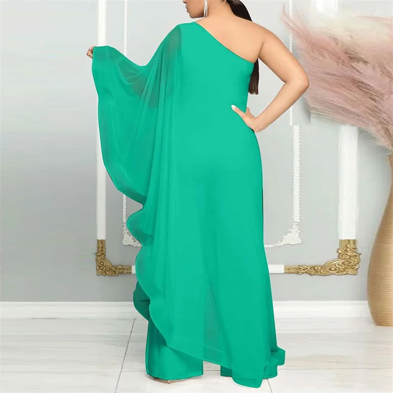 IMIEMIE Elegant Chiffon One Shoulder Wide Leg Jumpsuit Women Night Party Birthday Outfits One Piece Romper Overalls Combinaison Femme