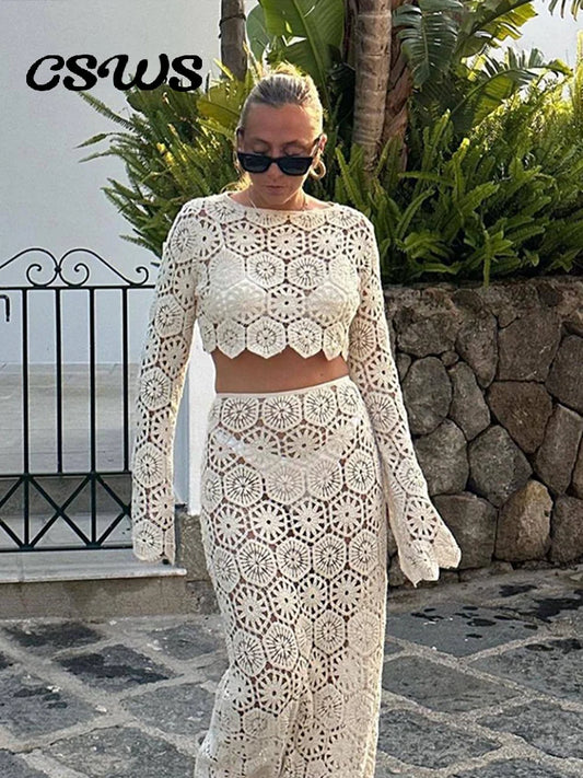 IMIEMIE Elegant Crochet Hollow Out Women Top Skirt Set See Through Long Sleeve O-neck Short Tank Slim Midi Skirts 2024 Summer Lady Suit