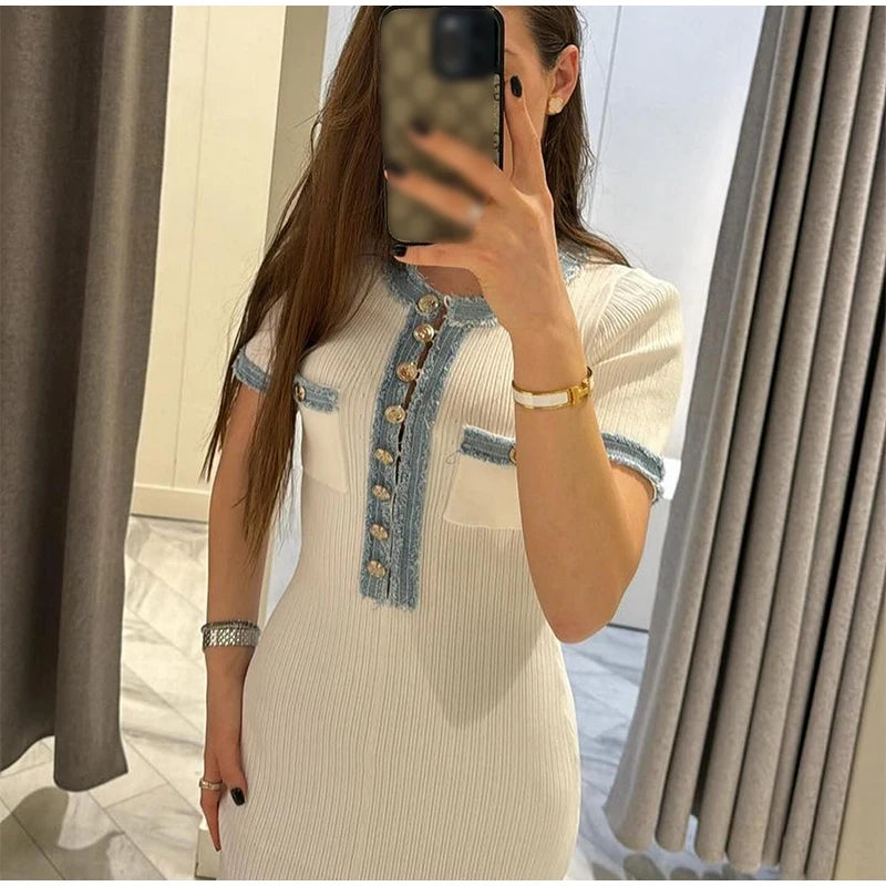 IMIEMIE Elegant Denim Patchwork Knitted Long Dress Women Fashion V Neck Short Sleeved Buttons Bodycon Dresses Female White Pockets Robes