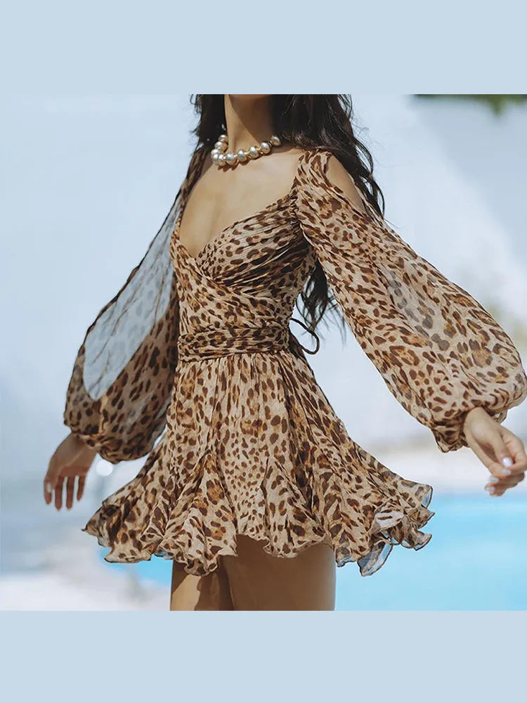 IMIEMIE Elegant Leopard Print Ruffle Pleat Mini Skirt Set Women Sexy Deep V Neck Flare Sleeve Top Suit Chic Summer Beach Holiday Outfits