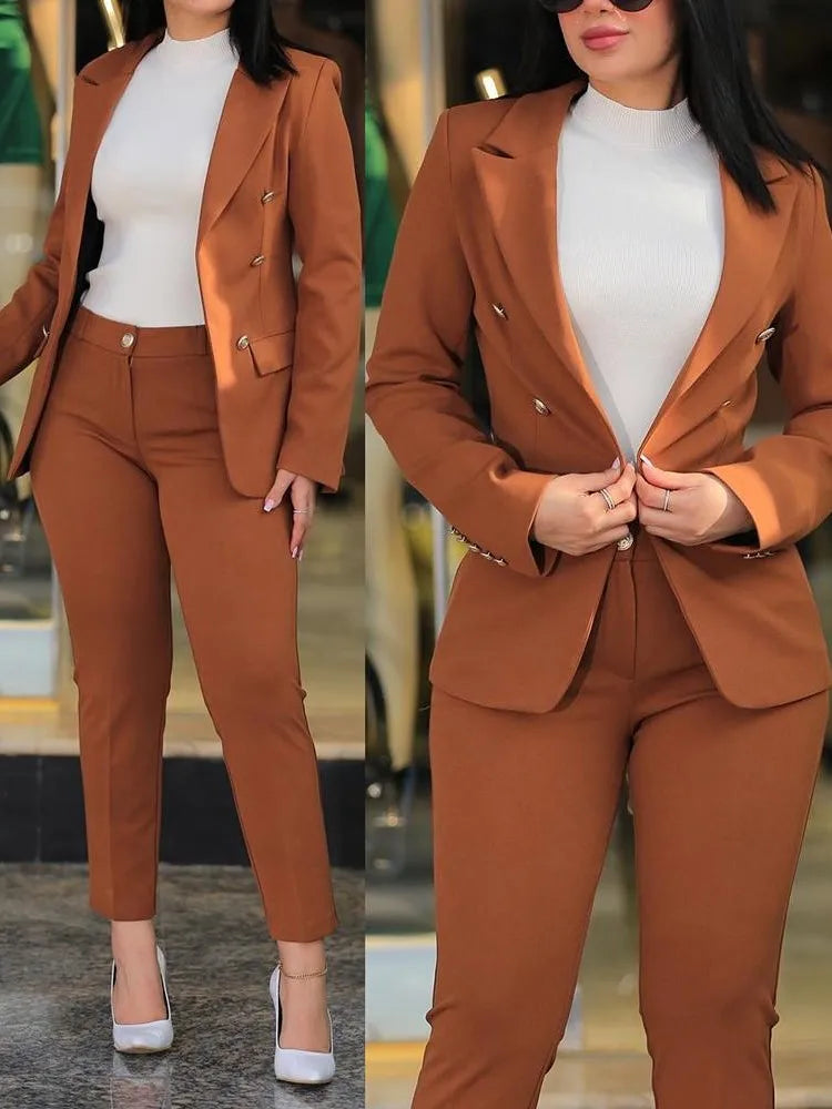 IMIEMIE Elegant Office Lady Two Piece Sets New Autumn Winter Women Fashion Notched Neck Long Sleeve Blazer & High Waist Work Pants Suit