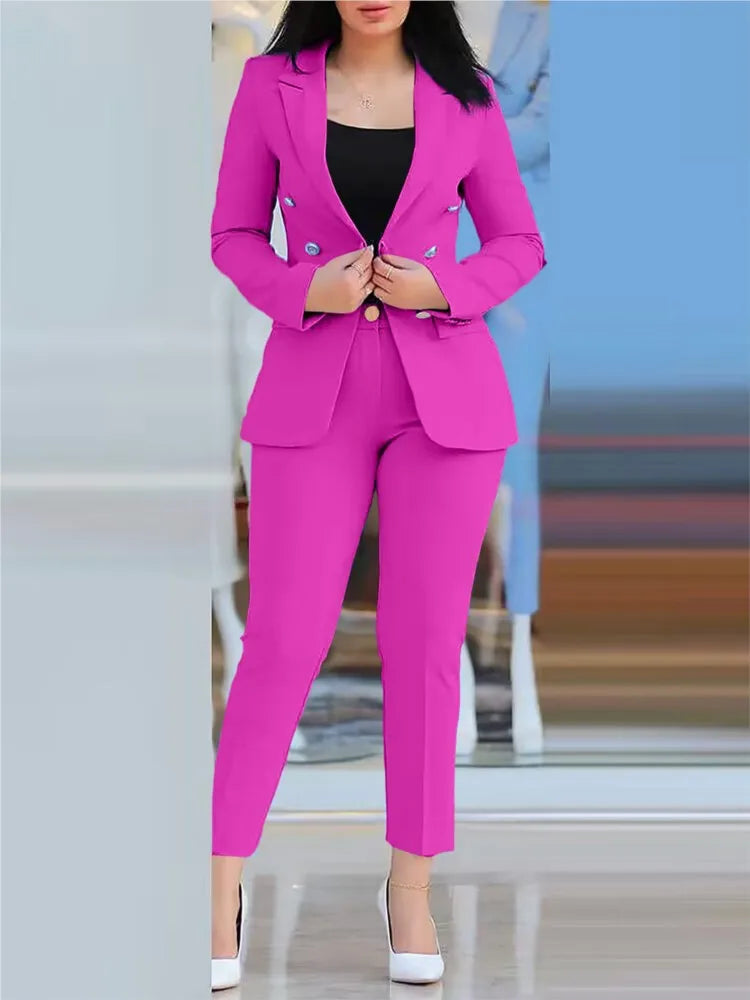 IMIEMIE Elegant Office Lady Two Piece Sets New Autumn Winter Women Fashion Notched Neck Long Sleeve Blazer & High Waist Work Pants Suit