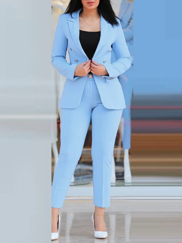 IMIEMIE Elegant Office Lady Two Piece Sets New Autumn Winter Women Fashion Notched Neck Long Sleeve Blazer & High Waist Work Pants Suit