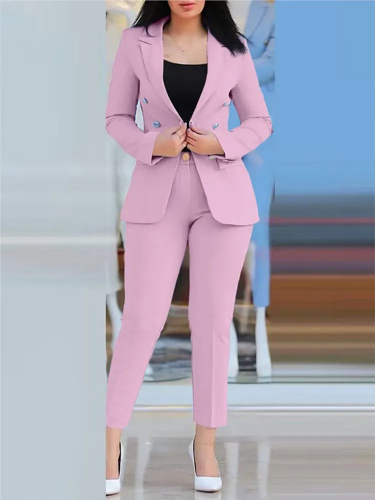 IMIEMIE Elegant Office Lady Two Piece Sets New Autumn Winter Women Fashion Notched Neck Long Sleeve Blazer & High Waist Work Pants Suit