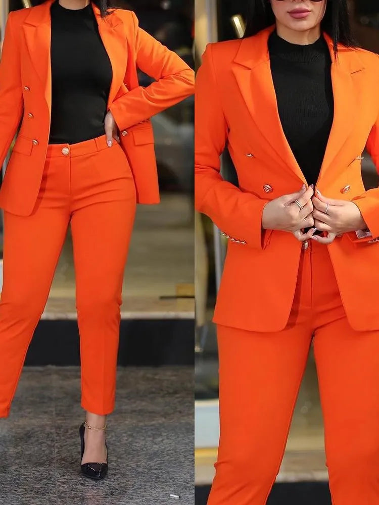 IMIEMIE Elegant Office Lady Two Piece Sets New Autumn Winter Women Fashion Notched Neck Long Sleeve Blazer & High Waist Work Pants Suit