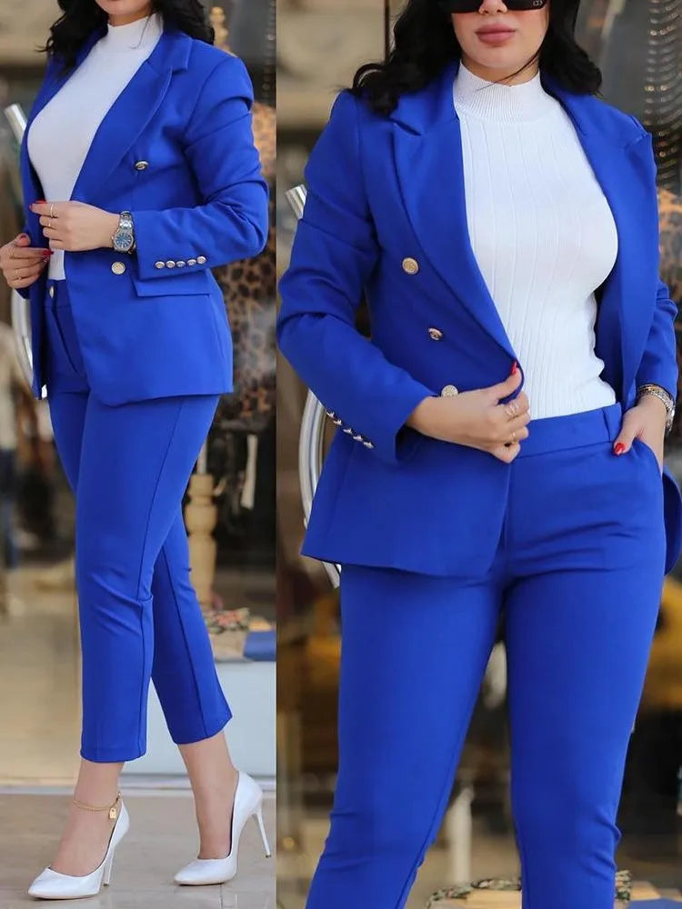 IMIEMIE Elegant Office Lady Two Piece Sets New Autumn Winter Women Fashion Notched Neck Long Sleeve Blazer & High Waist Work Pants Suit