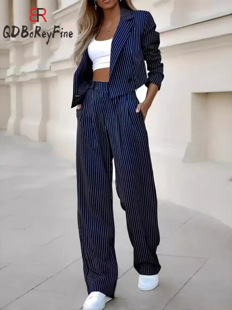 IMIEMIE Elegant Suit Sets for Women Long Sleeve Short Blazer Wide Leg Pants Set Office Ladies Striped Chic 2 Piece Sets Womens Outfits