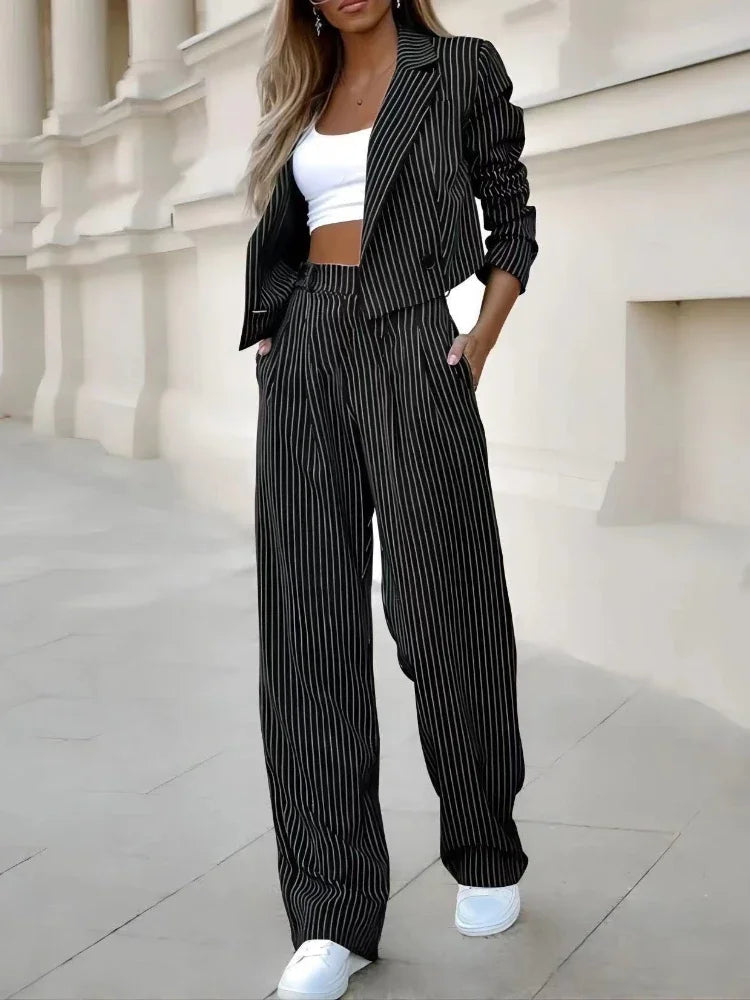 IMIEMIE Elegant Suit Sets for Women Long Sleeve Short Blazer Wide Leg Pants Set Office Ladies Striped Chic 2 Piece Sets Womens Outfits