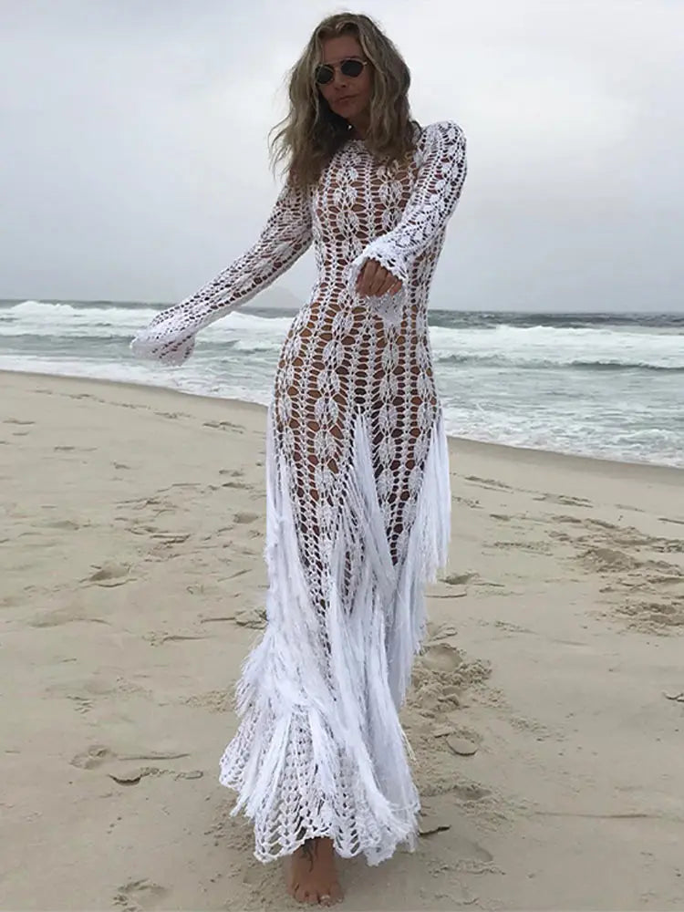 IMIEMIE Elegant Tassels Patchwork Hollow Out Maxi Dress Women Fashion Round Neck Flare Long Sleeves Dresses Beach Vocation Sexy Robes